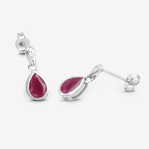 Pendientes de Rubí Genuino de 1.65 Quilates y Diamante Blanco en Oro Blanco de 10K