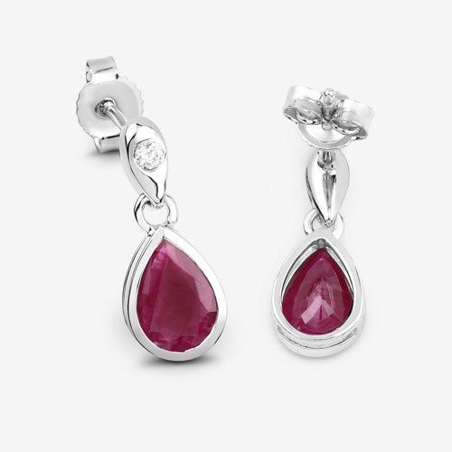Pendientes de Rubí Genuino de 1.65 Quilates y Diamante Blanco en Oro Blanco de 10K