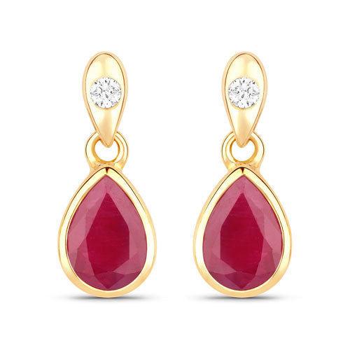 Boucles d'oreilles en or jaune 10K avec rubis véritable de 1,65 carat et diamants blancs