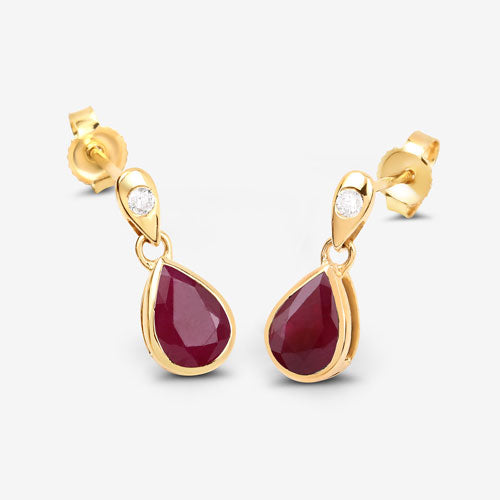 Boucles d'oreilles en or jaune 10K avec rubis véritable de 1,65 carat et diamants blancs