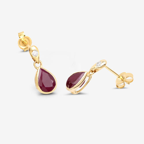Boucles d'oreilles en or jaune 10K avec rubis véritable de 1,65 carat et diamants blancs