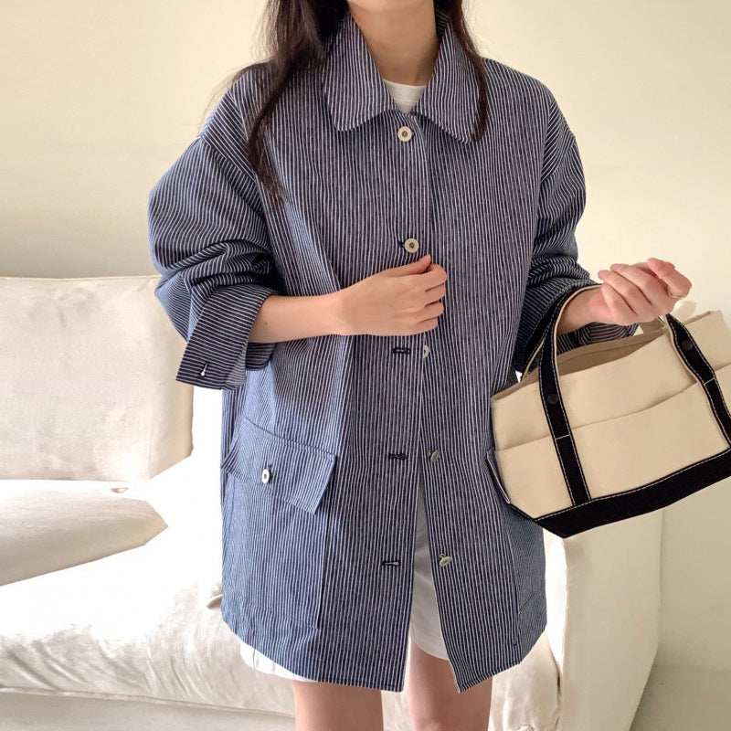 Commuter-Style Relaxed-Fit Striped Long-Sleeve Shirt Jacket