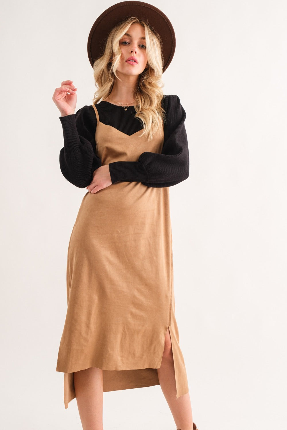 Chic Faux Suede Slit Midi Dress – Elegant Cami Dress for Every Occasion - Korvel