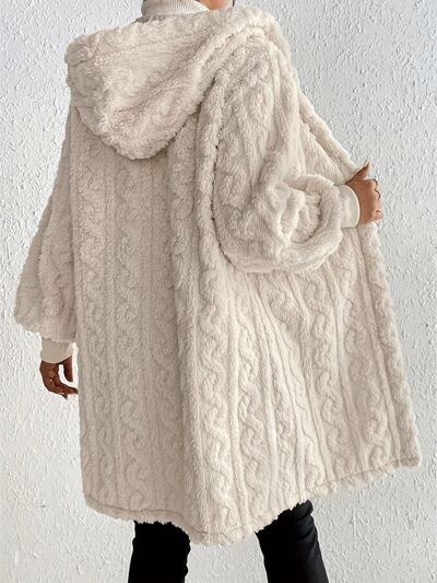 Beige Long Sleeve Fuzzy Hooded Jacket - Cozy Outerwear