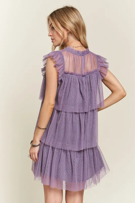 Layered Ruffled Cap Sleeve Mesh Dress for Women
