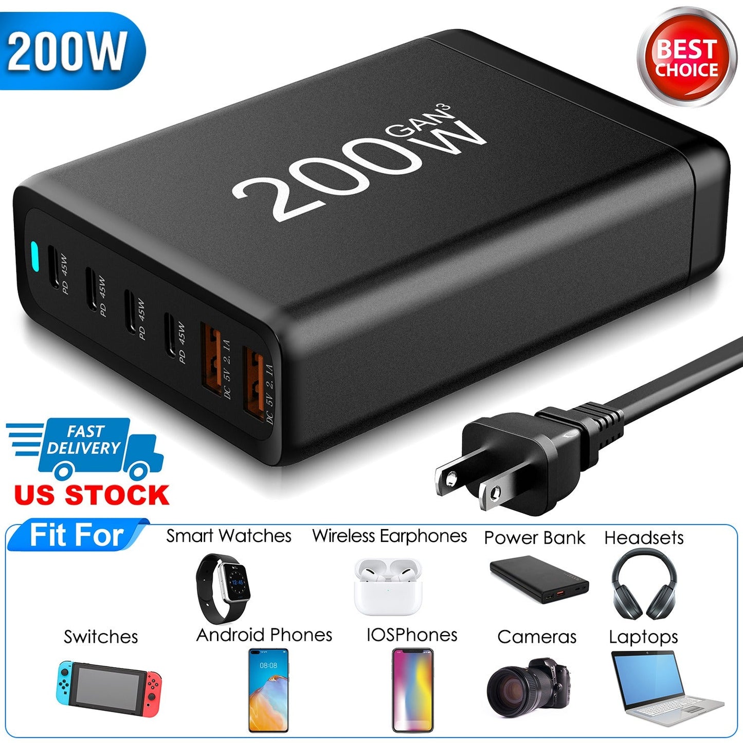 200W Fast Wall Charger with 6 Ports - Premium USB Charging Station