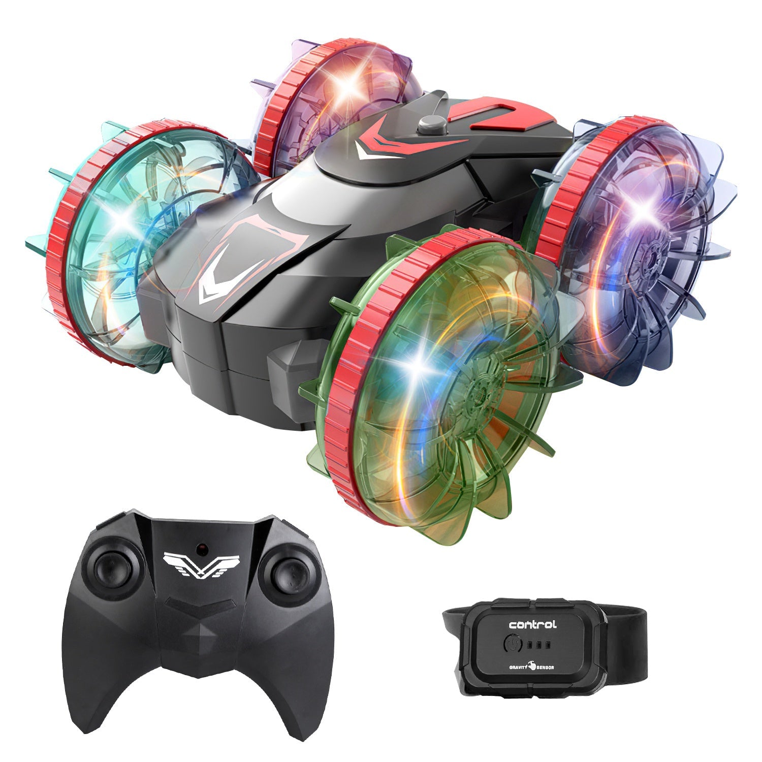 2 In 1 Amphibious RC Car Waterproof Stunt Car with Wrist Controller 4WD 360° Rotating Gesture Car with RGB Lights for Kids Aged 6+ Years Old Double-si - Korvel