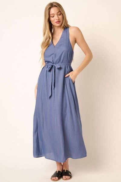 Chic Cross Back Belted V-Neck Maxi Dress for Women