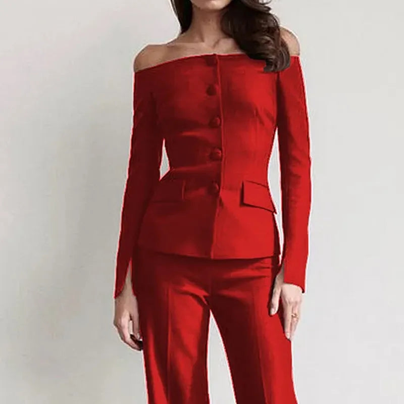 Ensemble Pantalon à Manches Longues en Couleur Unie pour Femmes