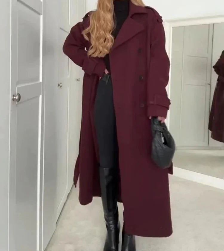 Manteau Maxi à Revers Bordeaux Élégant