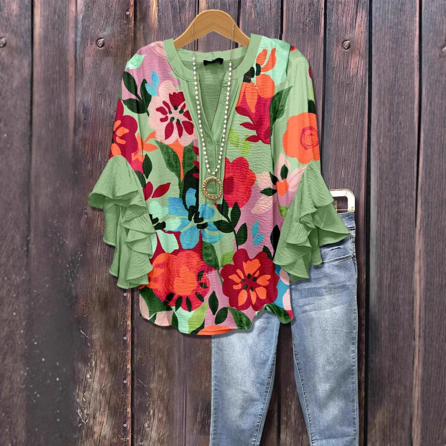 Camiseta de Moda con Escote en V y Detalle de Loto para Mujeres