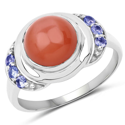 Bague en argent sterling avec pierre de lune pêche et tanzanite de 3,01 carats