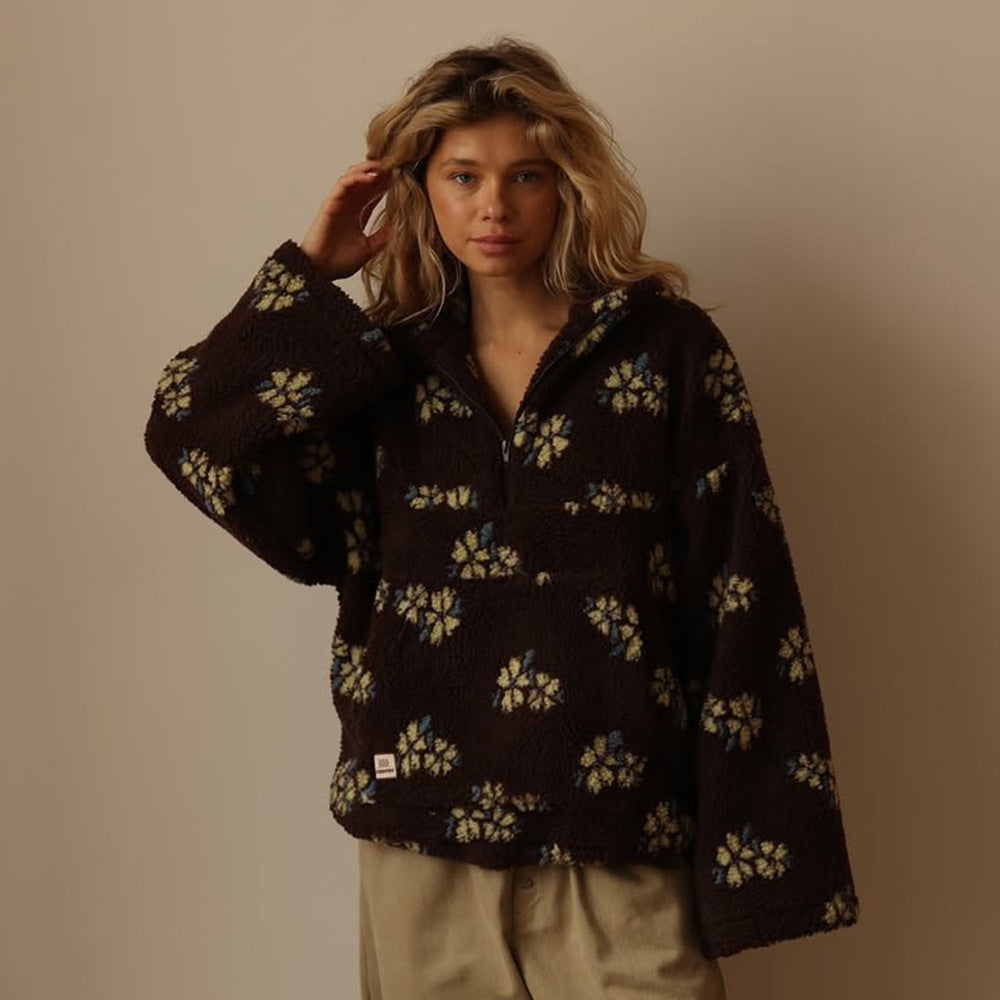 Winter Flowers Lambskin Sweatshirt with Big Pocket