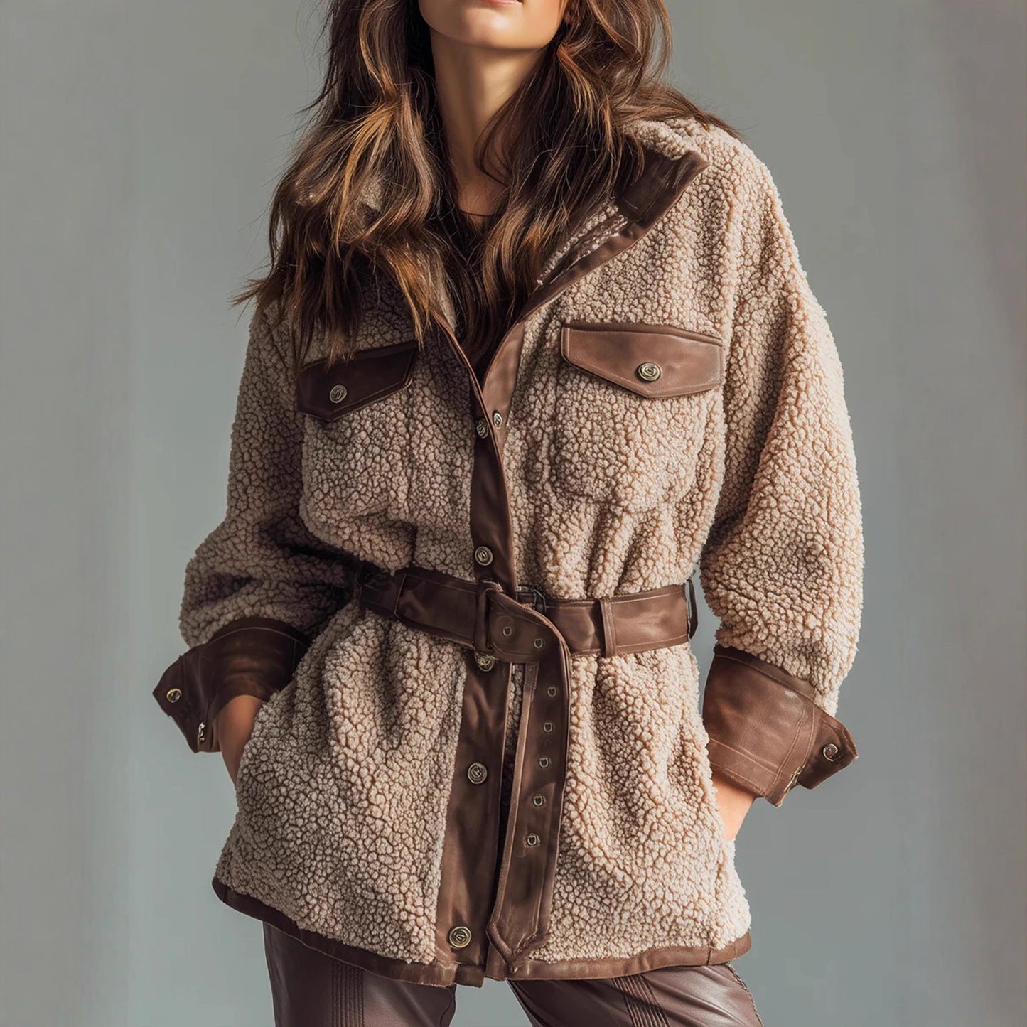 Women's Thickened Lamb Fur Spliced PU Leather Retro Coat