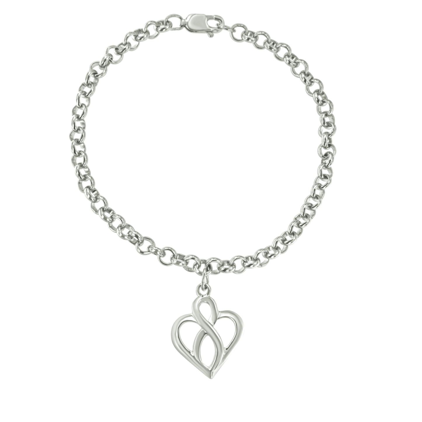 .925 Sterling Silver Open Heart Infinity Chain Charm Bracelet - Size 7