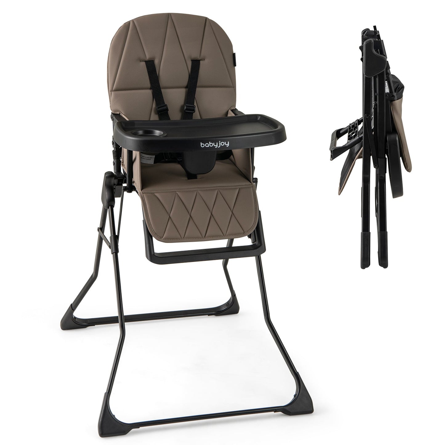 Chaise haute compacte avec plateau réglable et coussin en PU - Marron