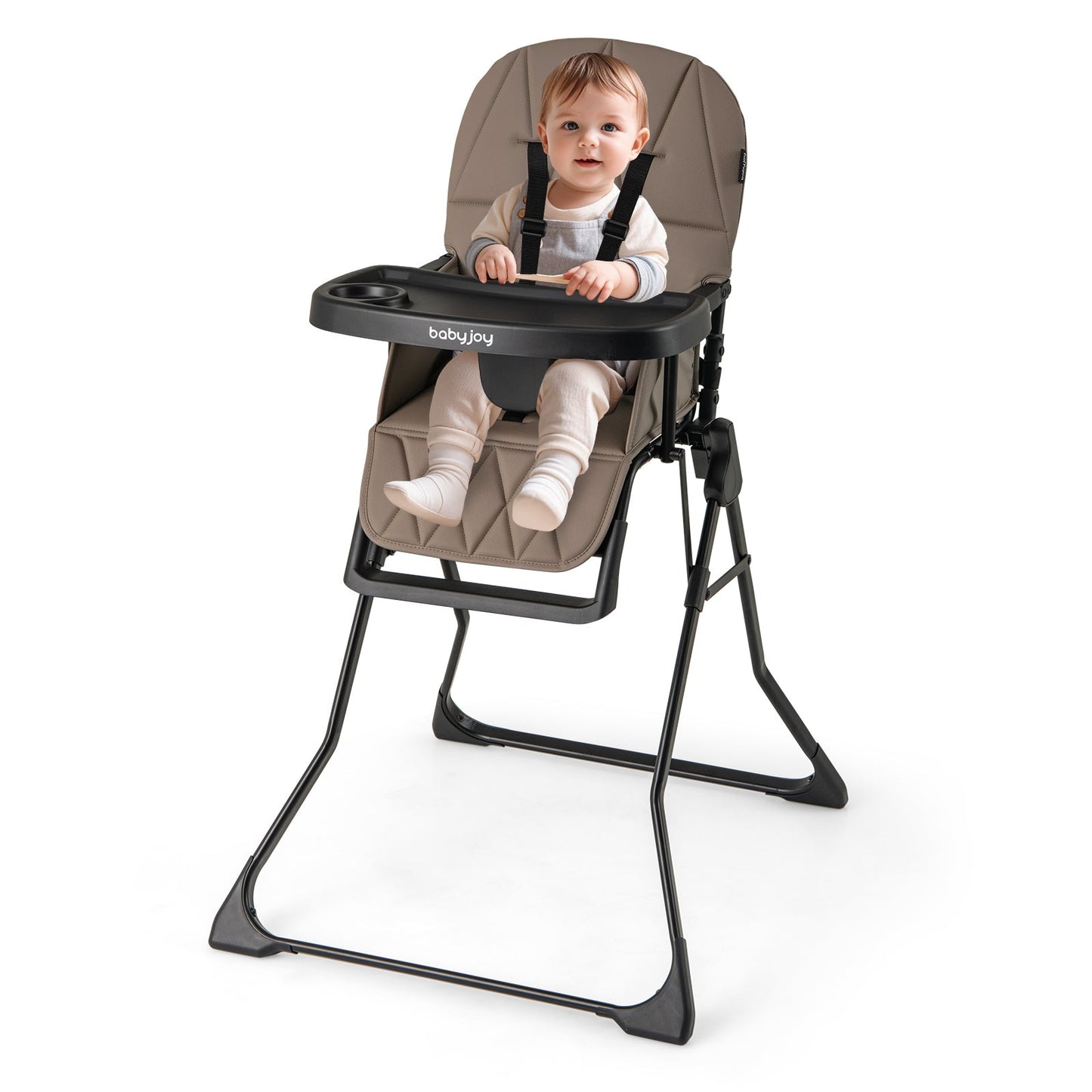 Chaise haute compacte avec plateau réglable et coussin en PU - Marron