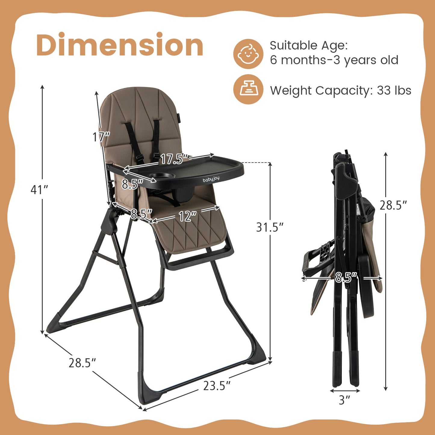 Chaise haute compacte avec plateau réglable et coussin en PU - Marron