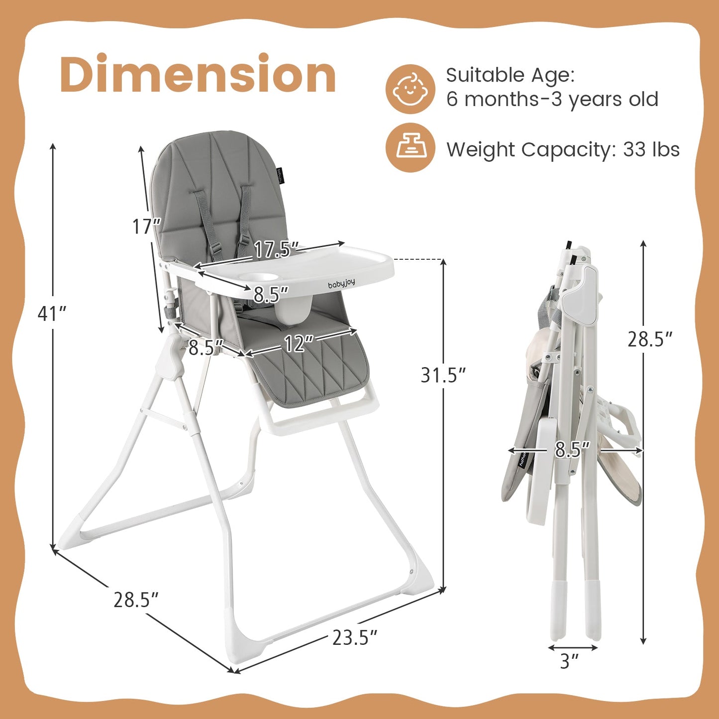 Chaise haute compacte facile à nettoyer avec plateau réglable - Gris