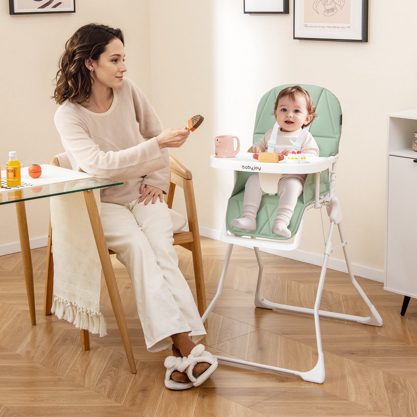 Chaise Haute Compacte Facile à Nettoyer avec Plateau Réglable - Vert