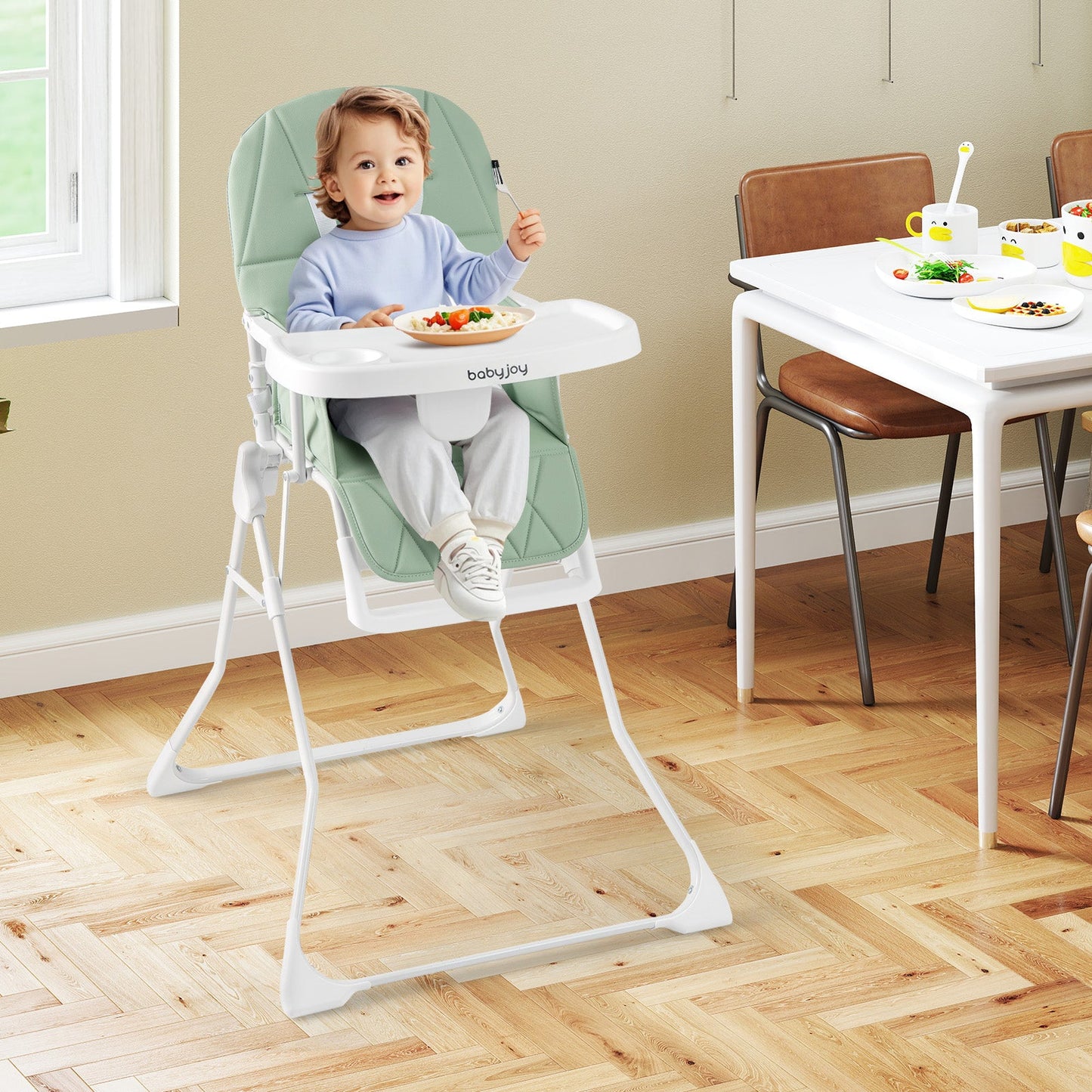 Chaise Haute Compacte Facile à Nettoyer avec Plateau Réglable - Vert