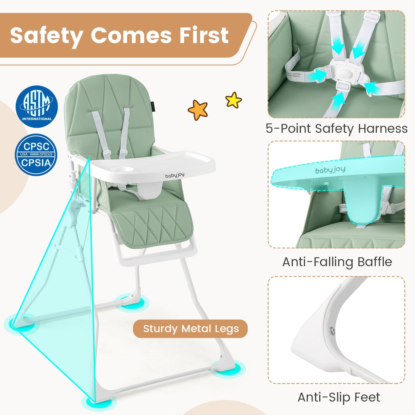 Chaise Haute Compacte Facile à Nettoyer avec Plateau Réglable - Vert