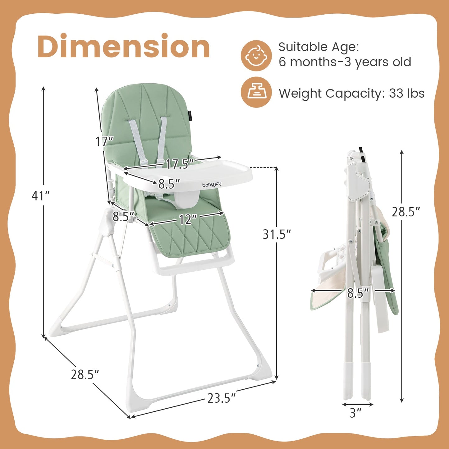 Chaise Haute Compacte Facile à Nettoyer avec Plateau Réglable - Vert