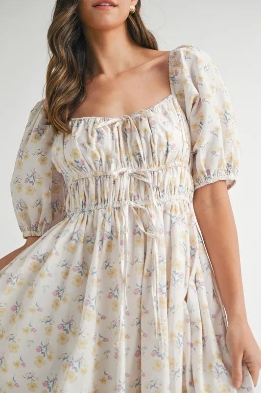 Floral Drawstring Detail Puff Sleeve Midi Dress