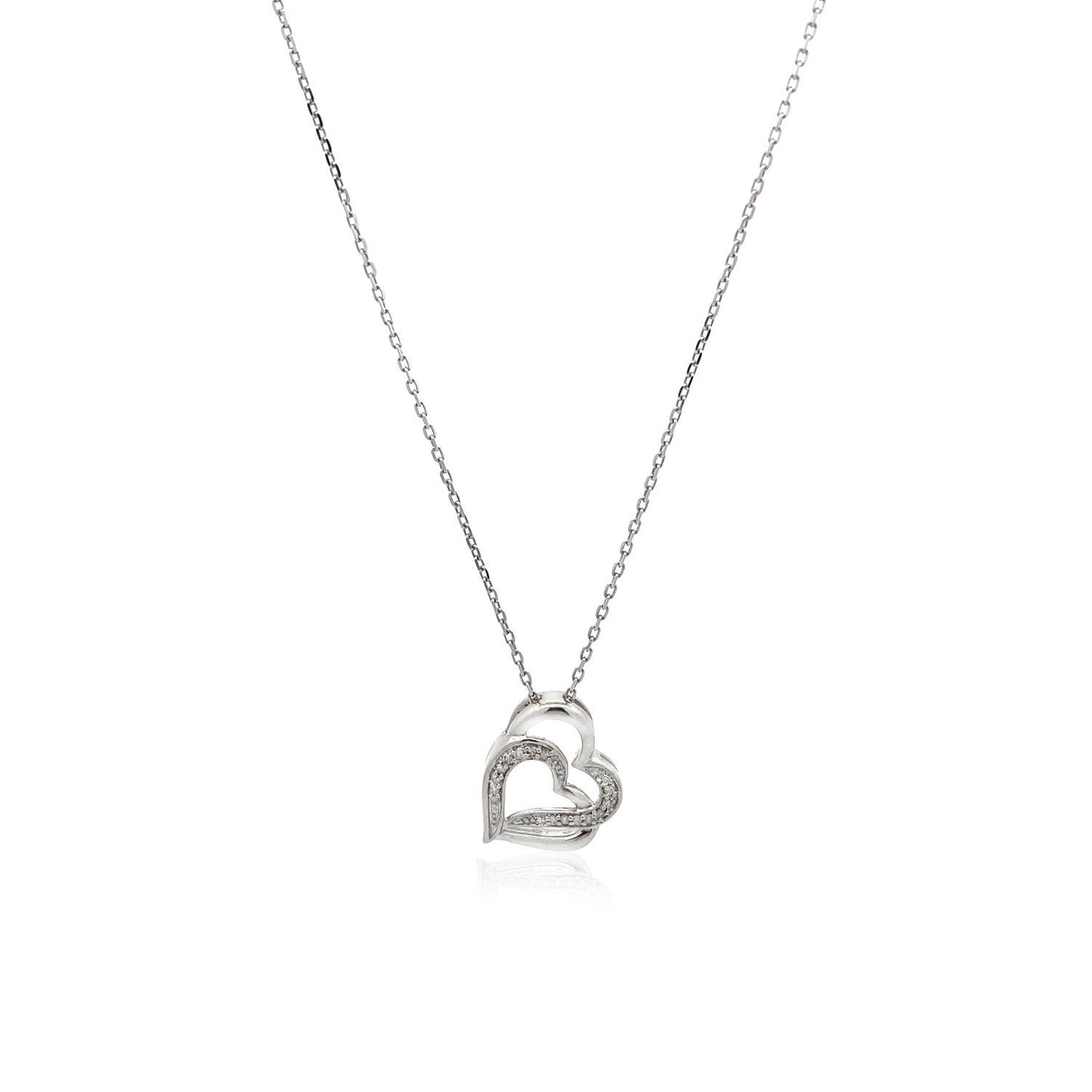 Sterling Silver Dual Heart Motif Pendant with Diamonds