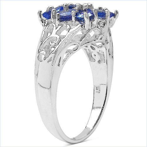 1.65 Carat Genuine Tanzanite Cluster Ring in Sterling Silver
