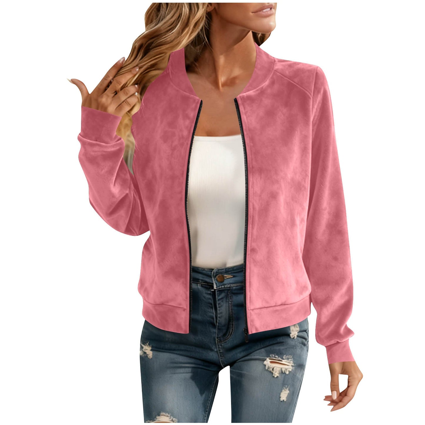 Elegant Round-neck Zip-up Deerskin-fleece Bomber Jacket