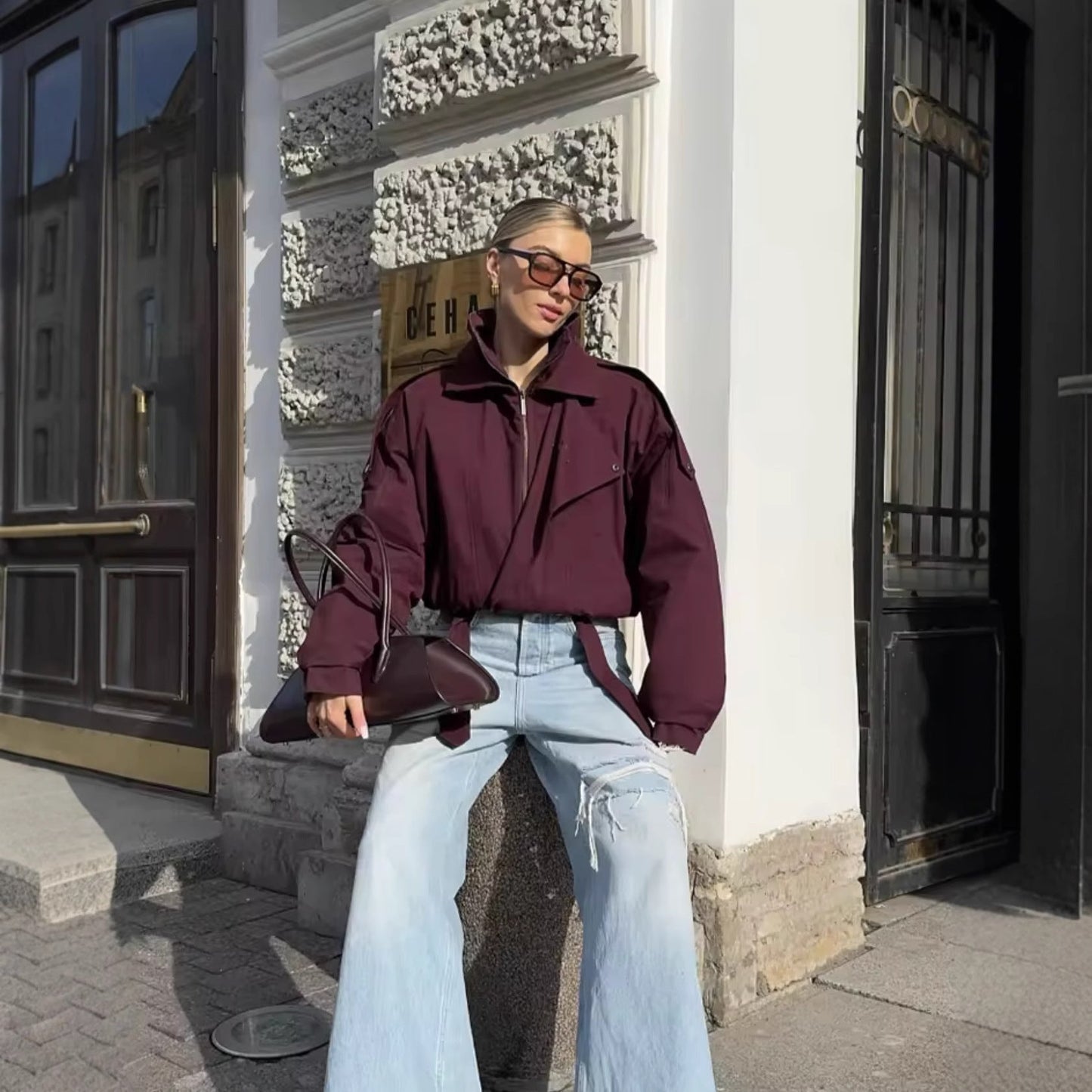 Chaqueta Bomber Suelta y Versátil para Mujer en Rojo Vino