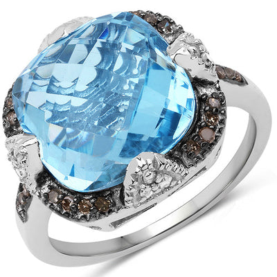 8.29 Carat Swiss Blue Topaz & Diamond Sterling Silver Ring