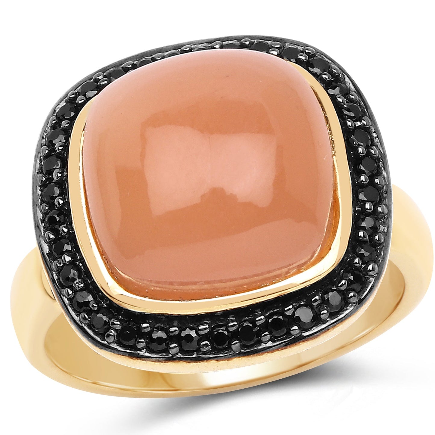 Bague en Pierre de Lune Pêche et Spinelle Noir Plaquée Or Jaune 14K