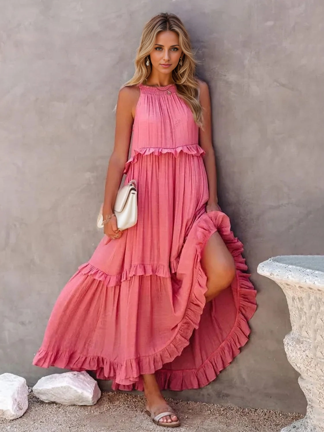 Elegant Ruffled Sleeveless Tiered Maxi Dress with Pockets