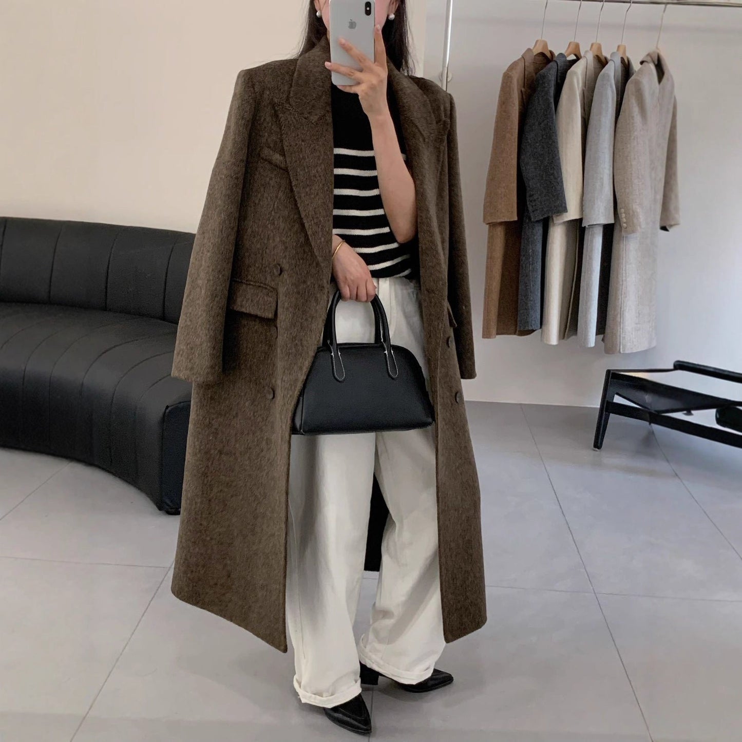Elegante abrigo de lana de doble cara largo por encima de la rodilla para mujeres