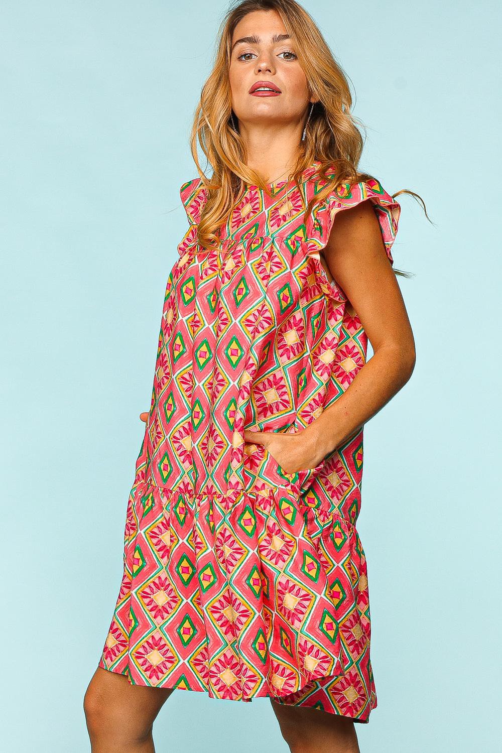 Chic Full Size Ruffled Printed Dress with Pockets