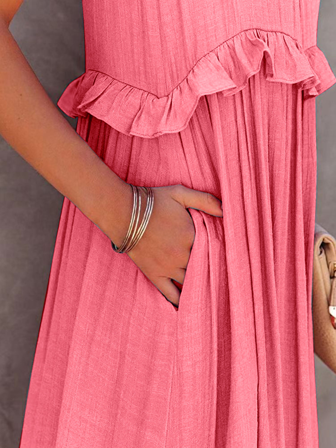 Elegant Ruffled Sleeveless Tiered Maxi Dress with Pockets