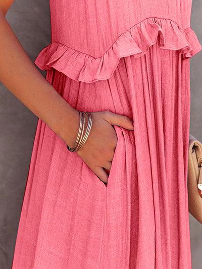 Elegant Ruffled Sleeveless Tiered Maxi Dress with Pockets