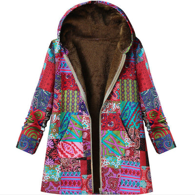 Retro Warm Printed Pocket Thick Zippered Hooded Coat