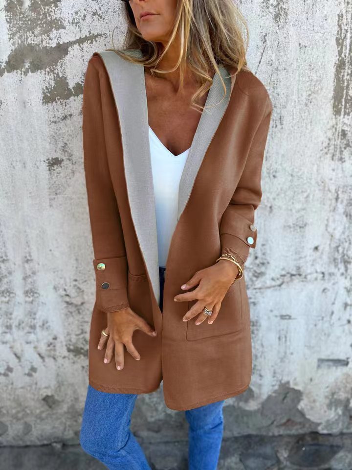 Manteau Cardigan Contrast Élégant pour Femmes avec Capuche