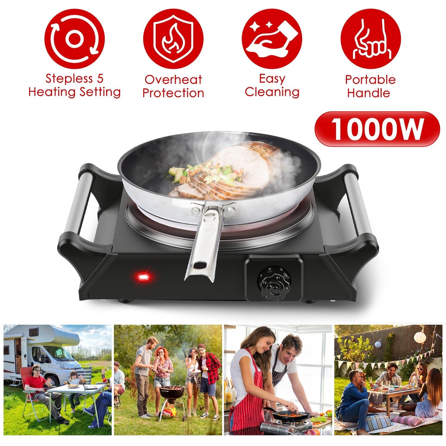 1000W Electric Single Burner Portable Hot Plate with Adjustable Temperature