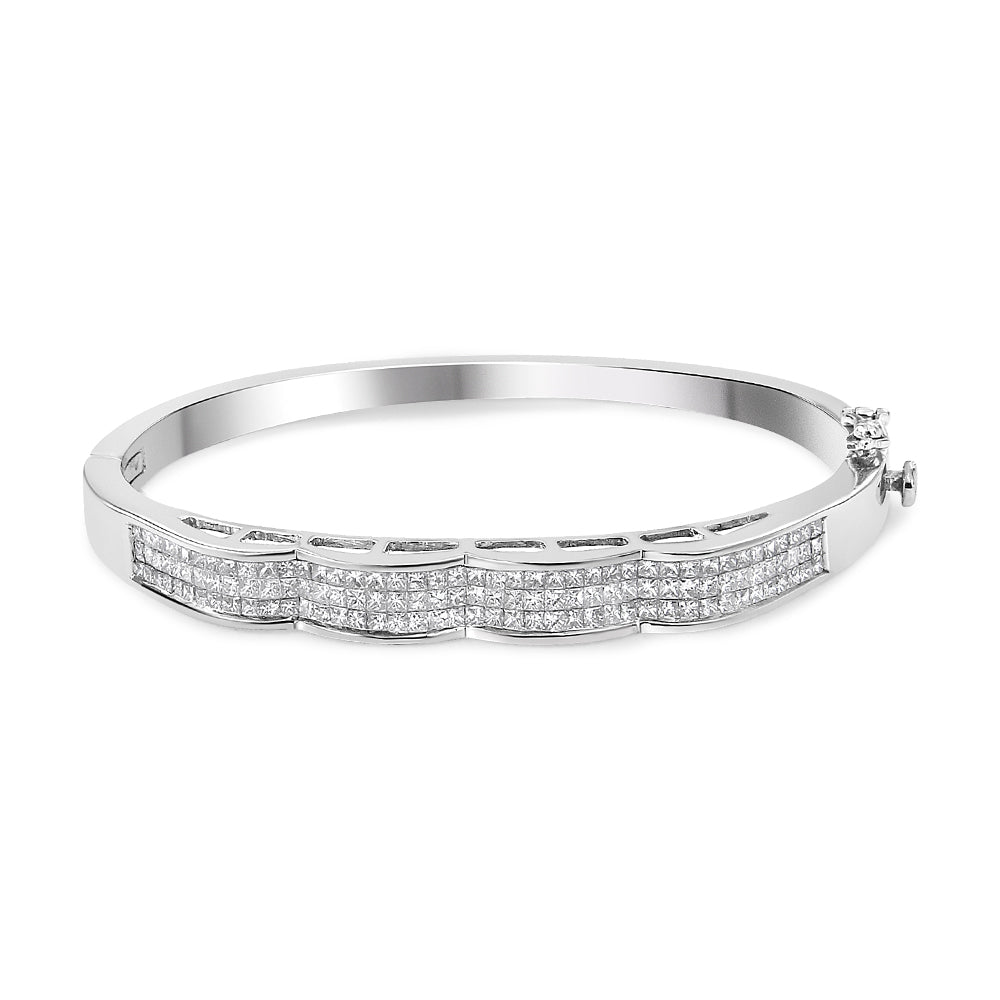 14K White Gold Princess-Cut Diamond Wave Bangle Bracelet - Size 7"