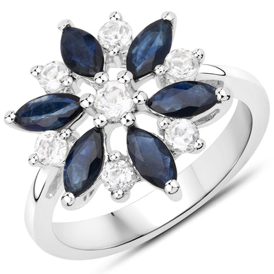 Bague en argent sterling avec saphir bleu de 2,09 carats et topaze blanche