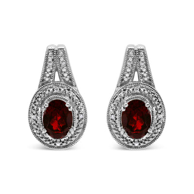 Pendientes de Stud de Acero Inoxidable de Plata .925 con Acabado de Granate Rojo y Diamante