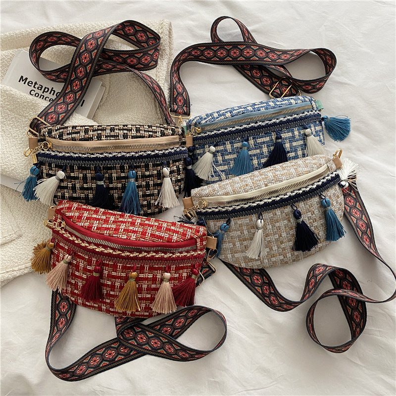 Bolso de Hombro Woven con Borlas para Viajes Casuales
