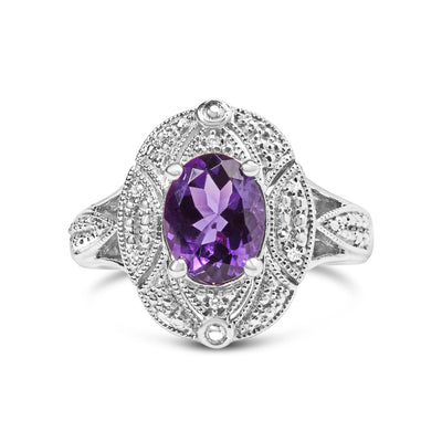 .925 Sterling Silver Art Deco Purple Amethyst Cocktail Ring - Size 6