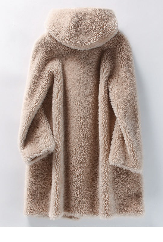 Elegant Women's Hooded Lambswool Coat