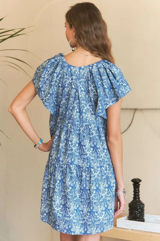 Summer Printed V-Neck Ruffle Sleeve Mini Dress
