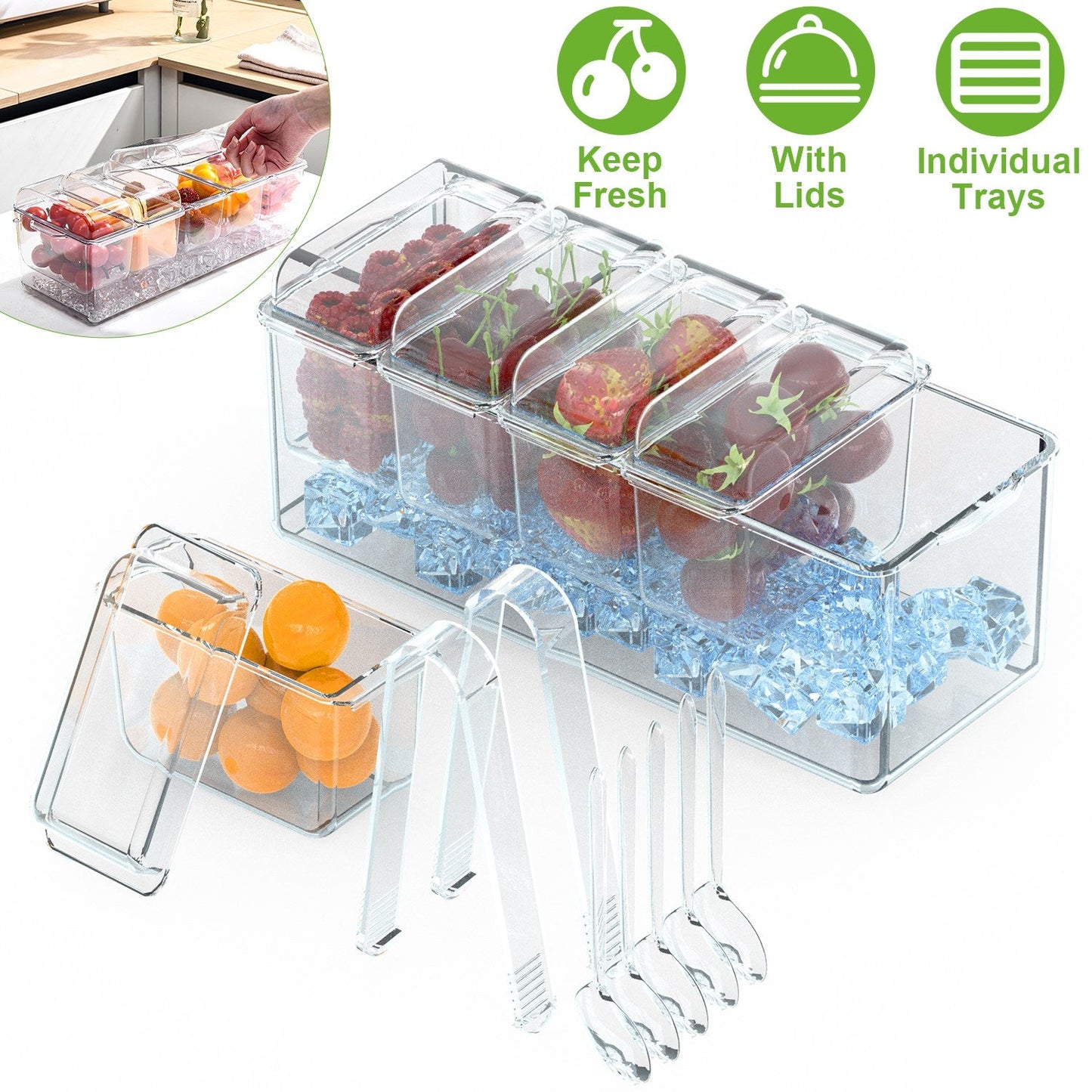 Ice Chilled Condiment Caddy Serving Tray with Removable Containers
